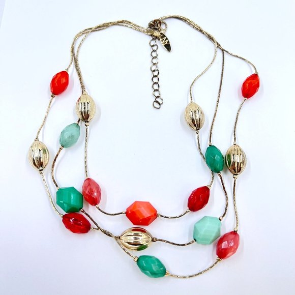 Coral & Green Beaded Multi Strand Gold Tone 16” Chain Necklace - Picture 3 of 7